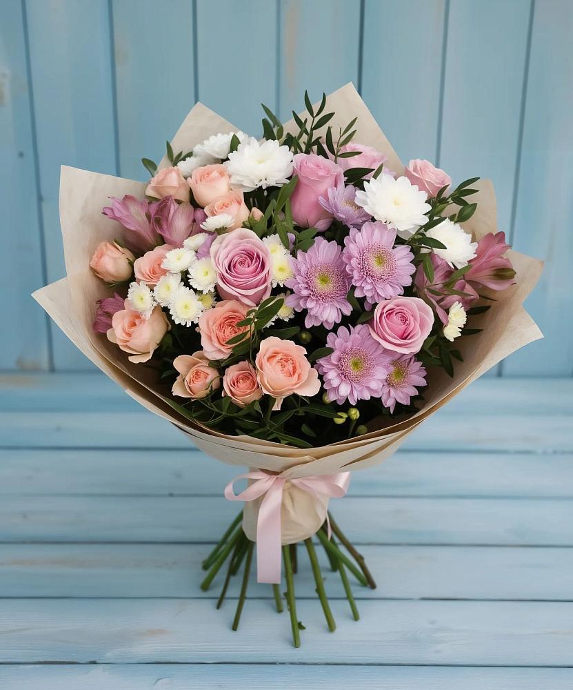 Букет цветов из: Хризантемы, Розы и Альстромерии в Лесные Поляны