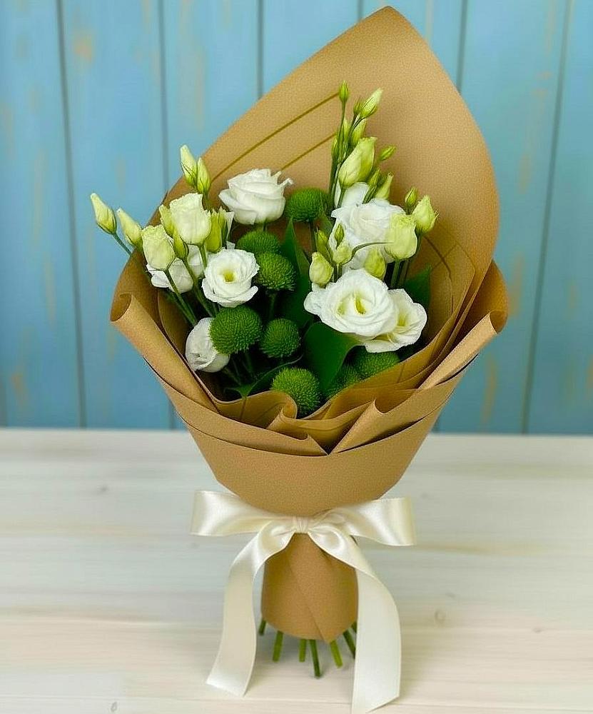 Букет цветов из: Хризантемы и Лизиантусы в Лесные Поляны