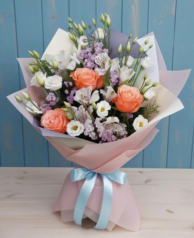 Букет цветов из: Лизиантусы, Розы, Альстромерии и Гипсофила в Лесные Поляны