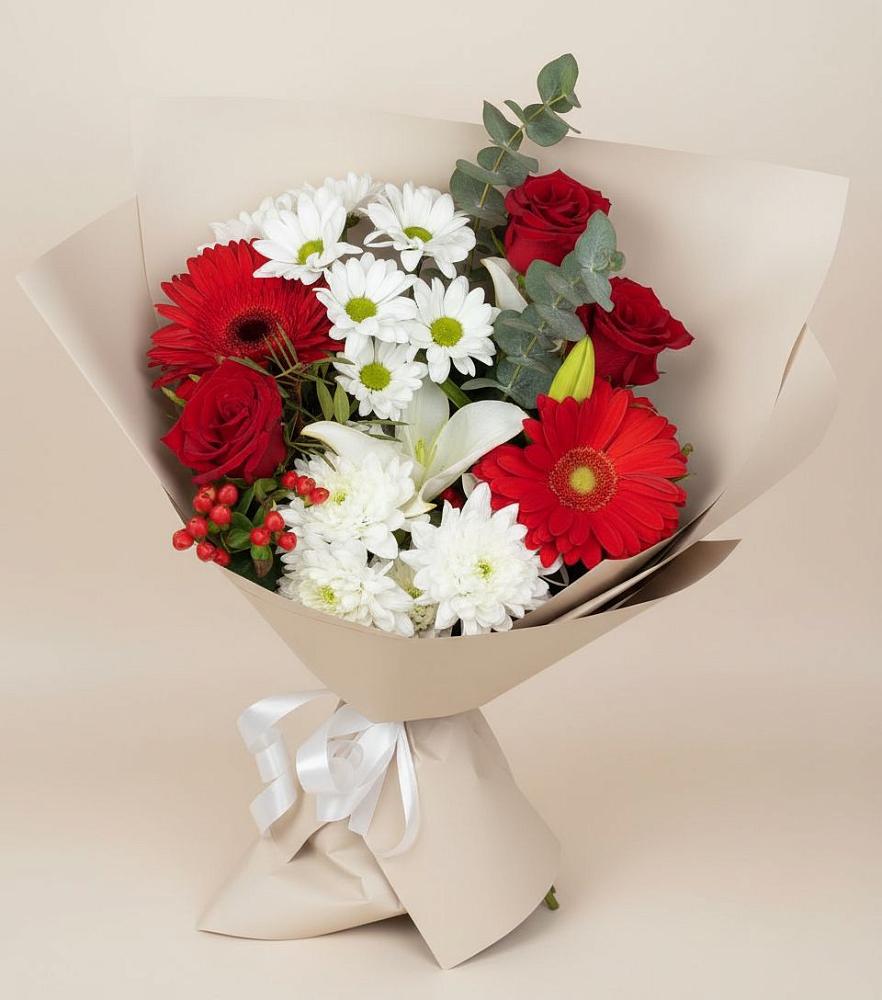 Букет цветов из: Розы, Хризантемы, Герберы и Лилии в Лесные Поляны