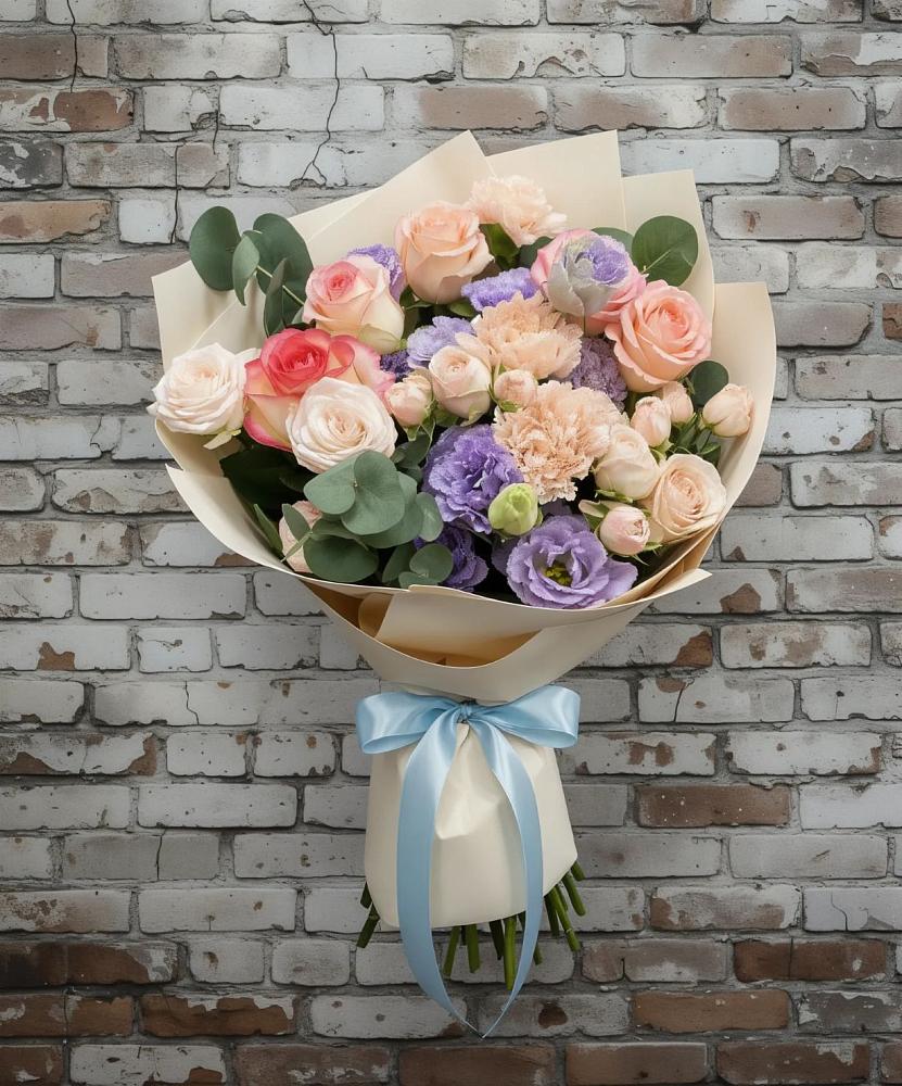 Букет цветов из: Розы, Лизиантусы и Гвоздики в Лесные Поляны