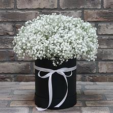 Цветочная композиция из Гипсофила в шляпной коробке в Лесные Поляны