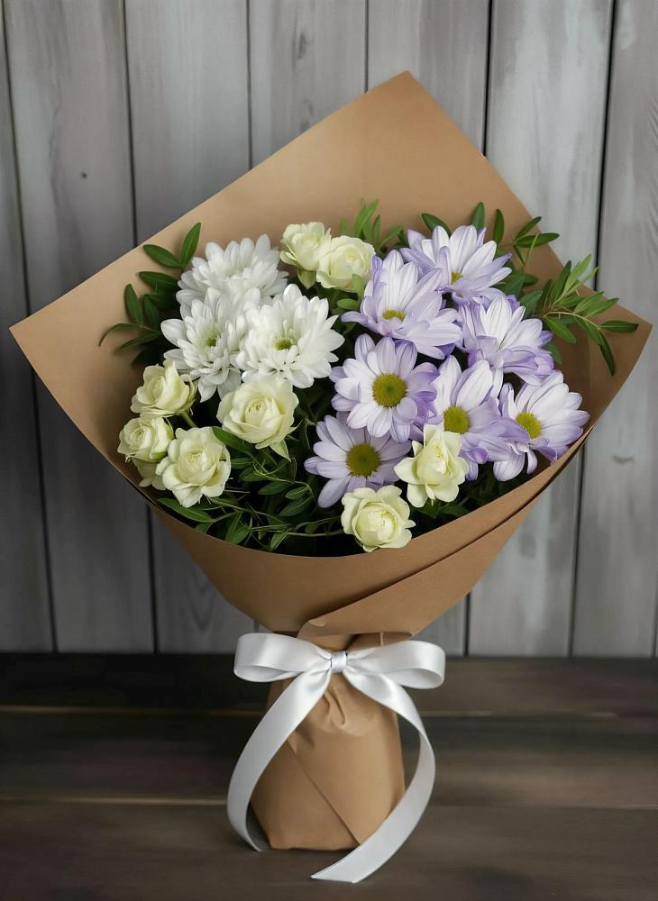Букет цветов из: Хризантемы и Розы в Лесные Поляны