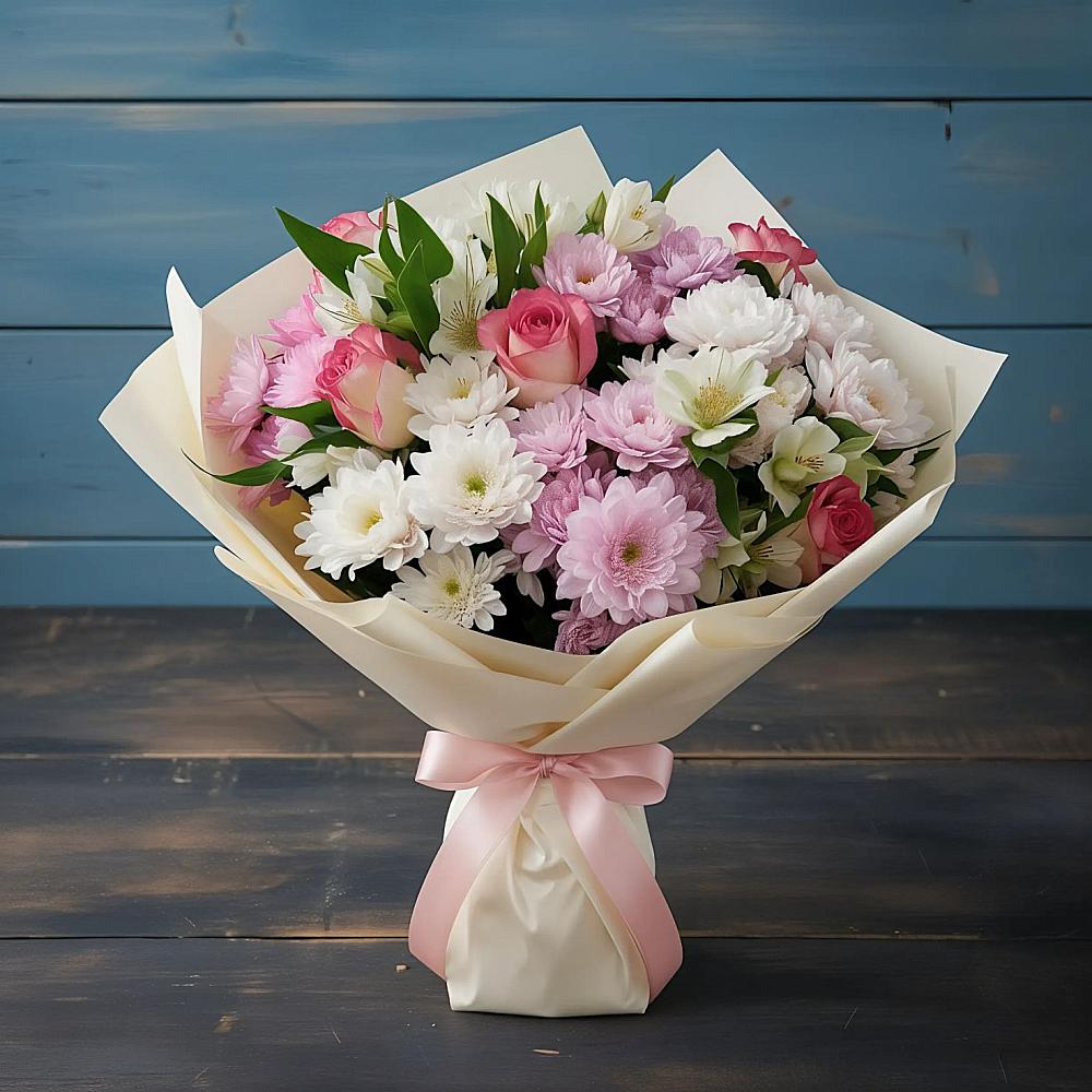 Букет цветов из: Хризантемы, Альстромерии и Розы в Лесные Поляны